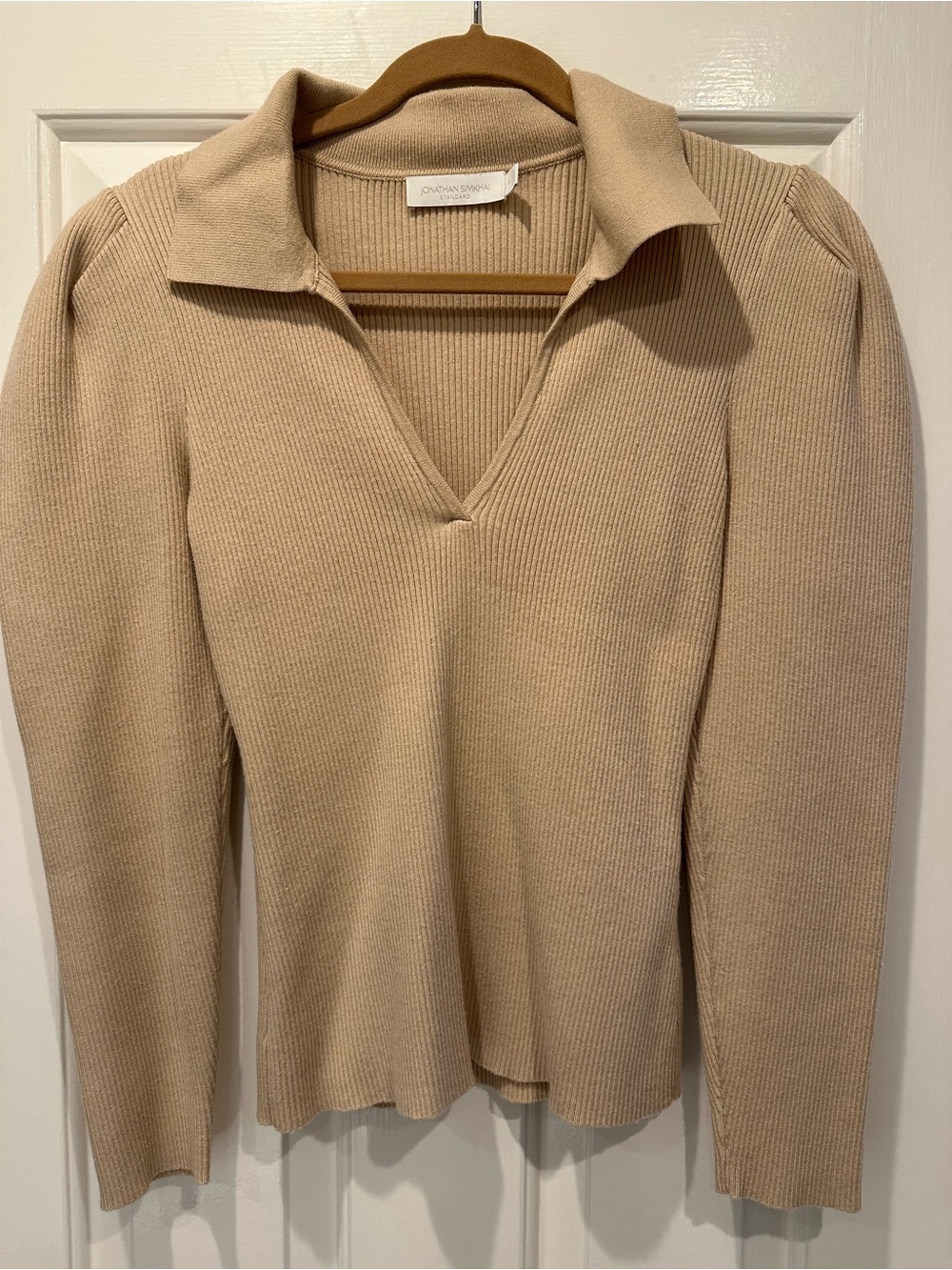 Jonathan Simkhai Neutral Beige Ribbed Collared V-Neck Top